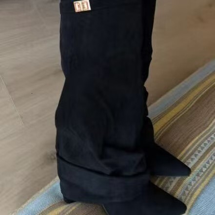 Designer Metal Buckle Mid-Calf Large Size Chunky Heel Trousers Women's Boots