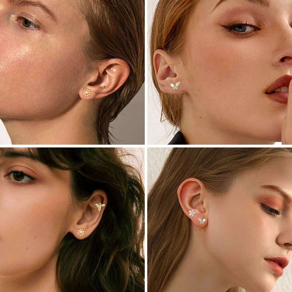 Valentine's Day Drperfect 1pc Cartilage Earrings Stud for Women Surgical Steel Flat Back Earring Butterfly Flower Tragus Helix Pierc 26H0115