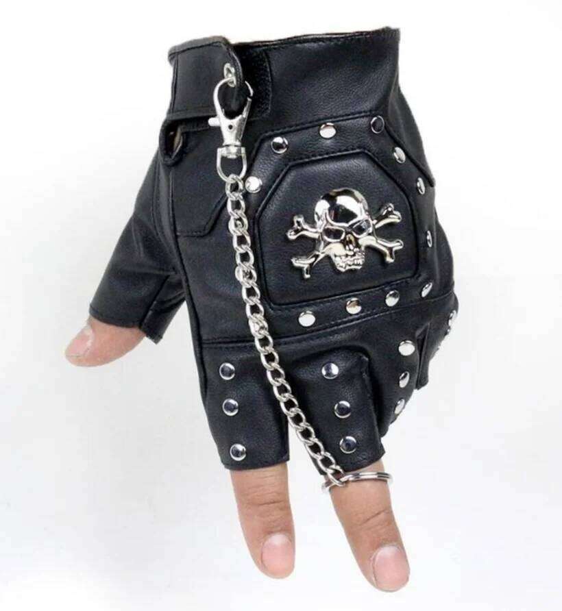 Punk Gothic Leather Pair Fingerless Biker Sports Mountain Gloves With Cranium Studded For Men Y260115