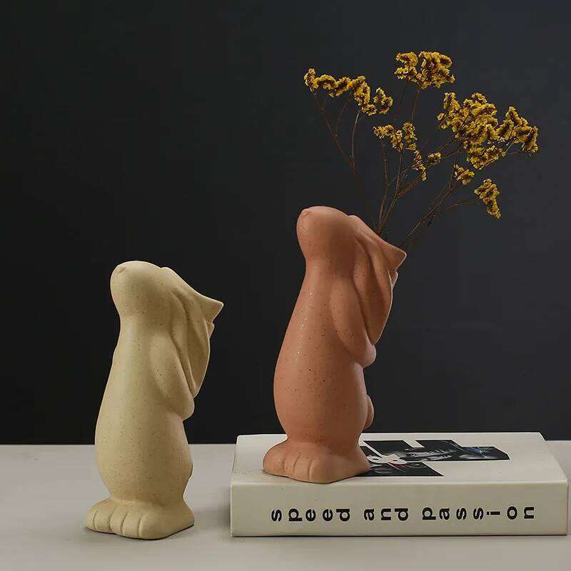 20.3cm Nordic White Ceramic Decoration Dried Vase Foyer Desktop Study Cute Rabbit Ornament Living Room Flower Planter C260116