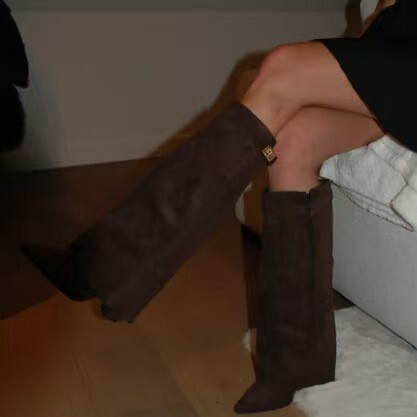 Designer Metal Buckle Mid-Calf Large Size Chunky Heel Trousers Women's Boots