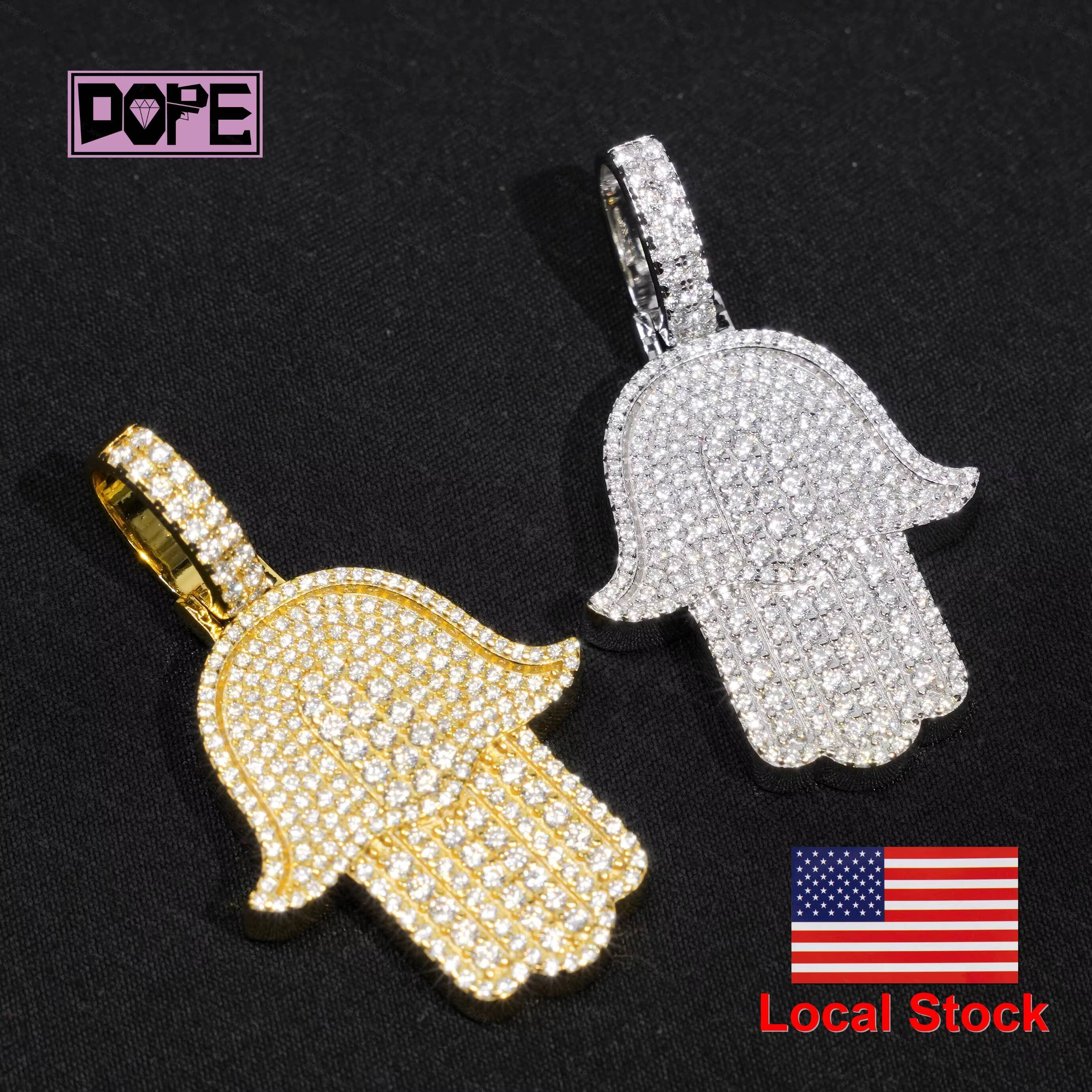 USA Warehouse Iced Out Pendant 925 Sterling Silver 18k Gold Plated Hamsa Hand Charm VVS Moissanite Pendant