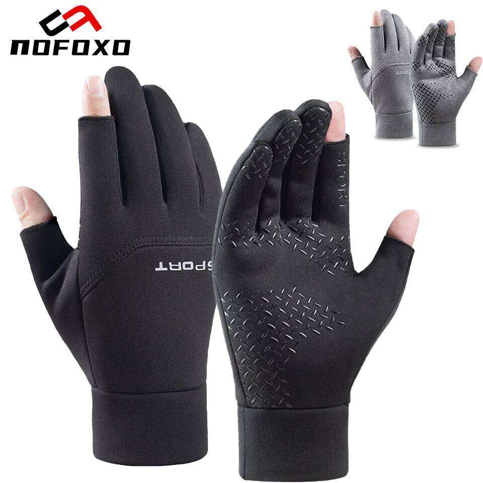 NOFOXO 1Pair Winter Two Fingers Cut Cycling Men's Outdoor Bike Warm Anti-Slip Gloves Fishing Sports Touch Screen Women Y260115
