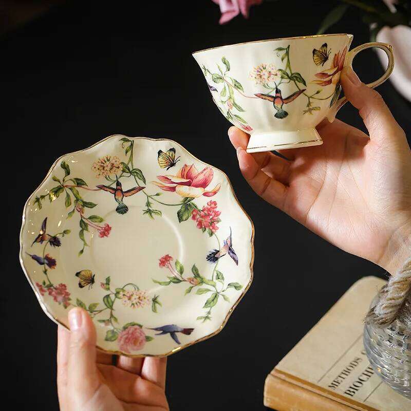 High Aesthetic Flower And Bird Coffee Plates, Retro Style, Gilded Ceramic Cups, Home Afternoon Tea Mugs