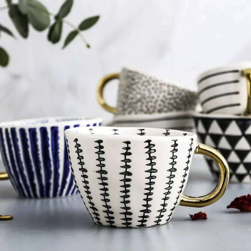 Hand Painted Geometric Ceramic Mugs With Gold Handle Handmade Irregular Cups For Coffee Tea Milk Oatmeal Creative Birthday Gifts