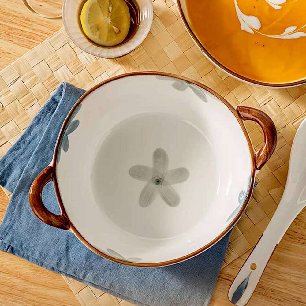 Household Noodle 1500ml Ceramic Soup With Handle Salad Pasta Fruit Bowl Kitchen Tableware Microwave Oven Bakware