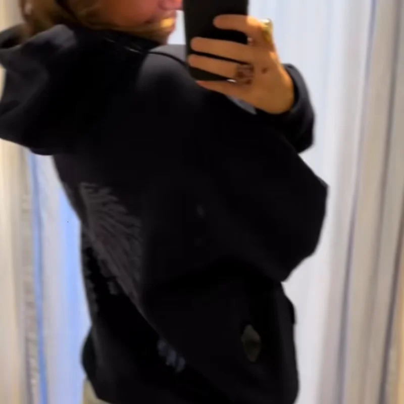 Women Fashion Sequin Angel Wings Printed Hoodies Casual Long Sleeved Hooded Solid Color Tops High Street Y2k Outwear 260116