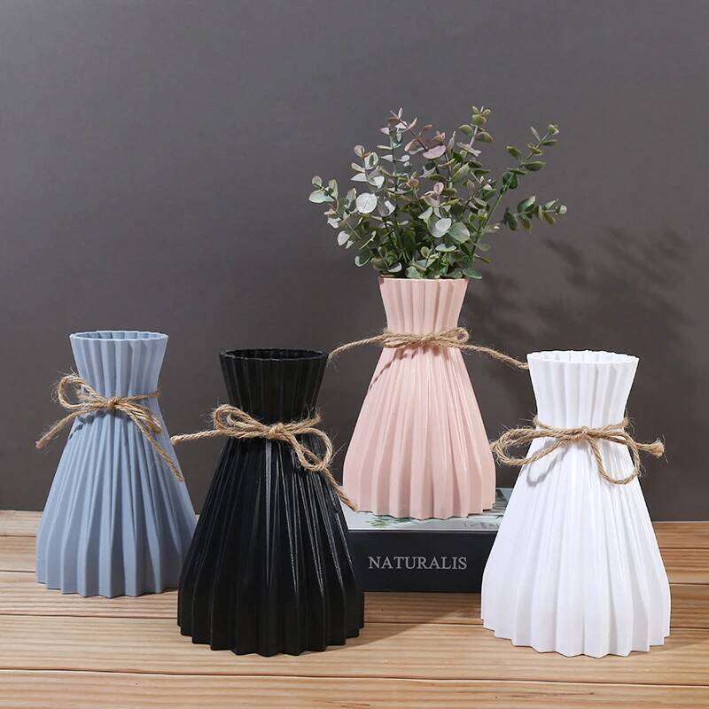 1Pc Narrow Waist Origami Striped Tabletop Simple Home Decor Creative Twine Bow Imitation Ceramic Plastic Flower Vase C260116