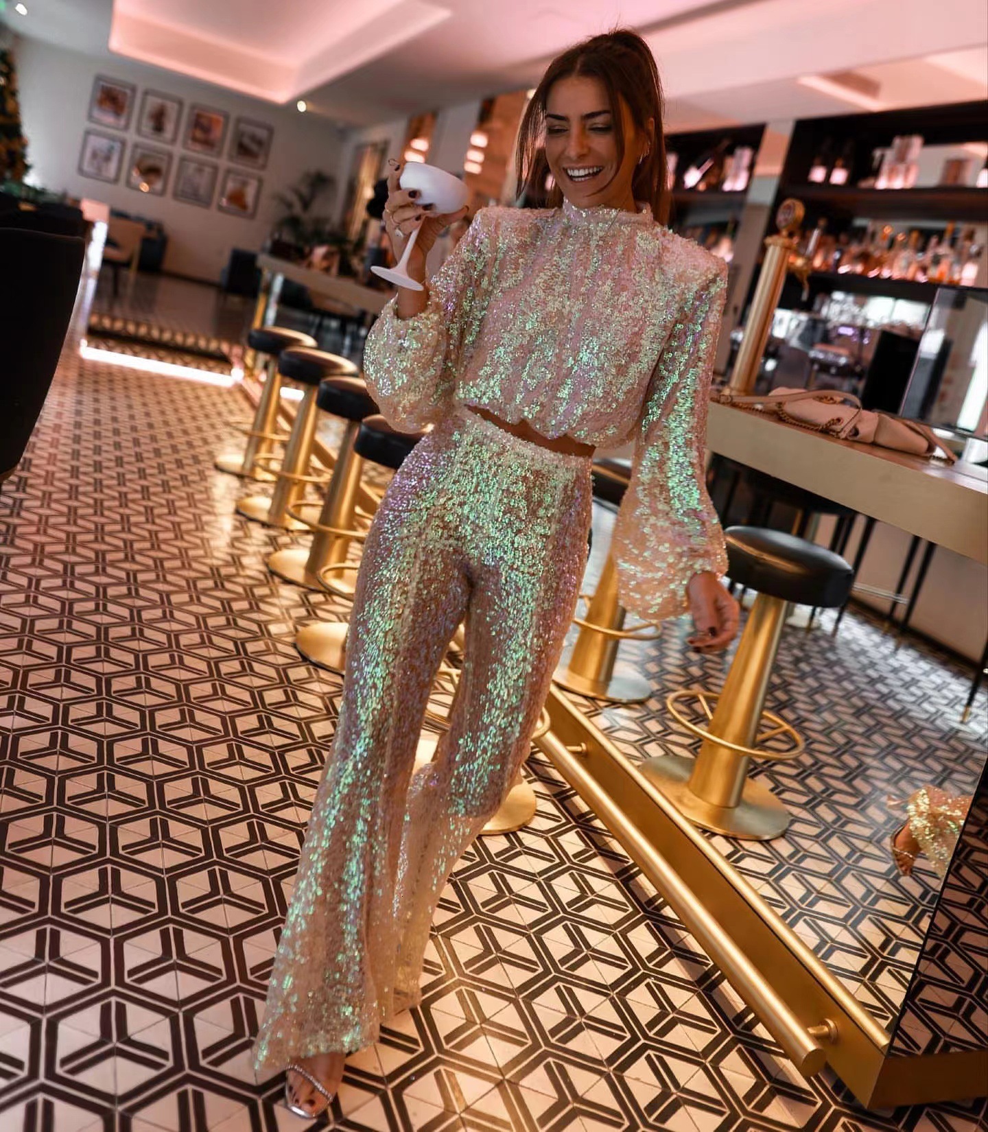 Iridescent Mermaid Color Sequin Two-Piece Set