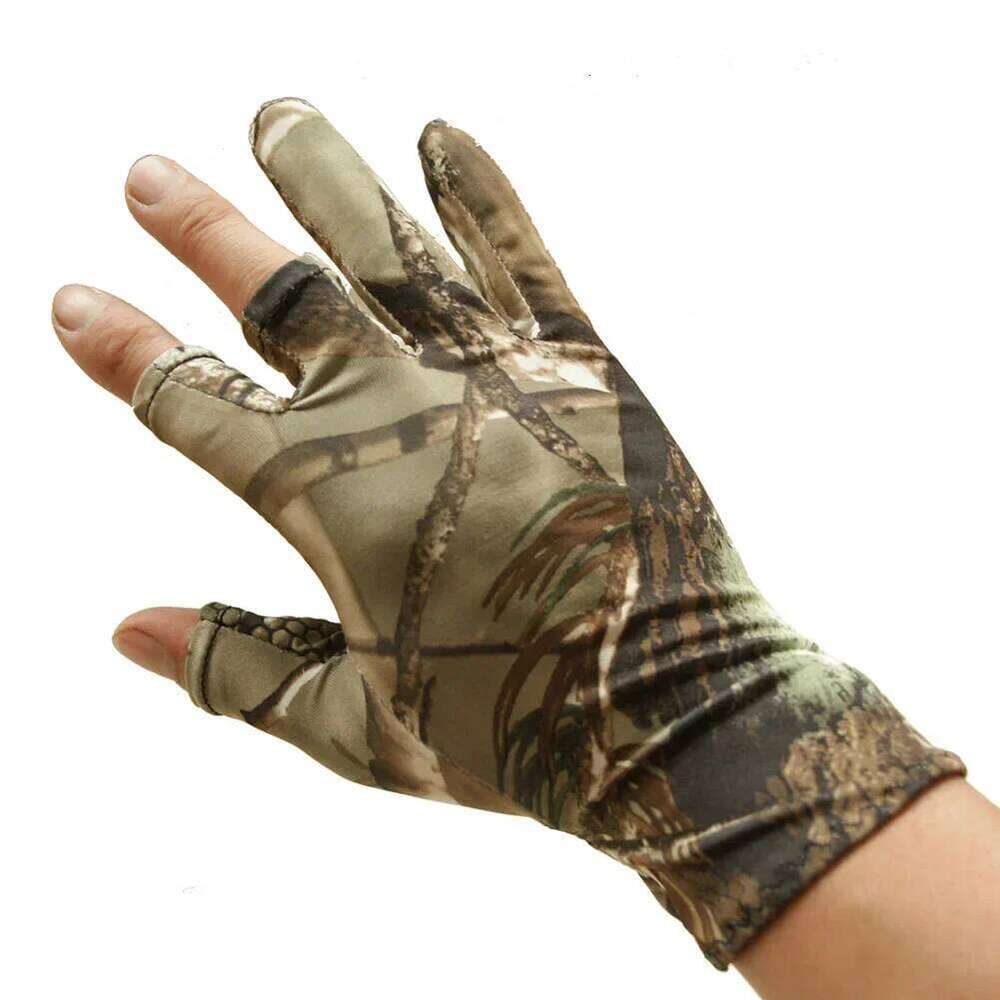 Camo Fishing Anti-Slip Elastic Thin Mitten 3 Fingers Cut Camping Cycling Hunting Half-Finger Gloves Camouflage Y260115