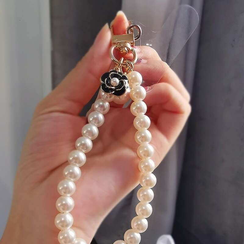 Double Layer Pearl Phone Wristlet with Camellia Pendant - Detachable Strap for Phones, Bags & Keys, Trendy Women's Accessory