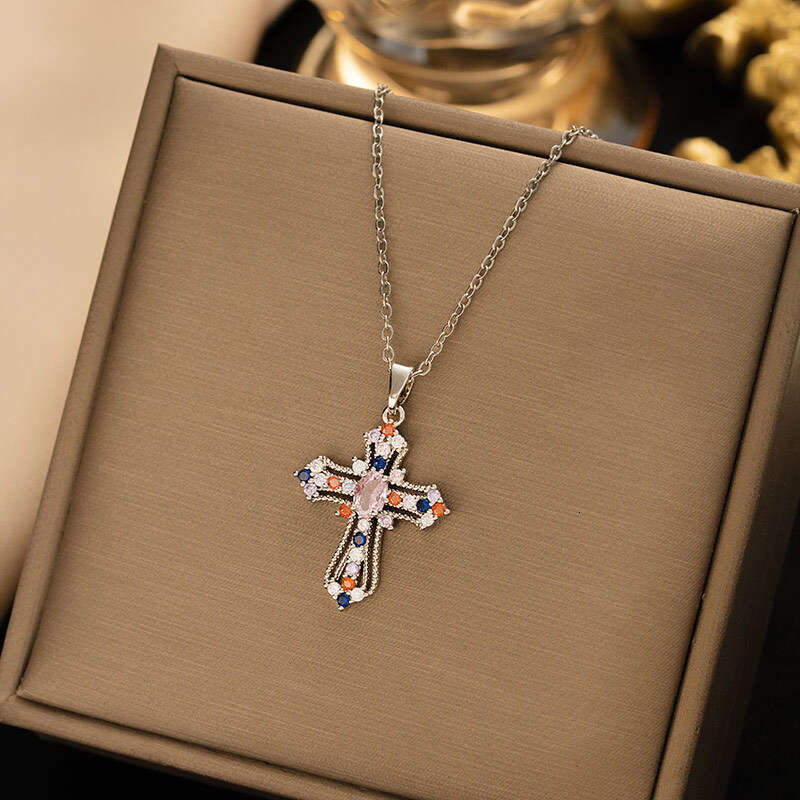 Necklace for Women Dainty Colorful Zircon Cross Pendant | Titanium Steel Clavicle Chain Fashion Daily Jewelry