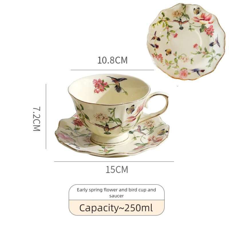 High Aesthetic Flower And Bird Coffee Plates, Retro Style, Gilded Ceramic Cups, Home Afternoon Tea Mugs