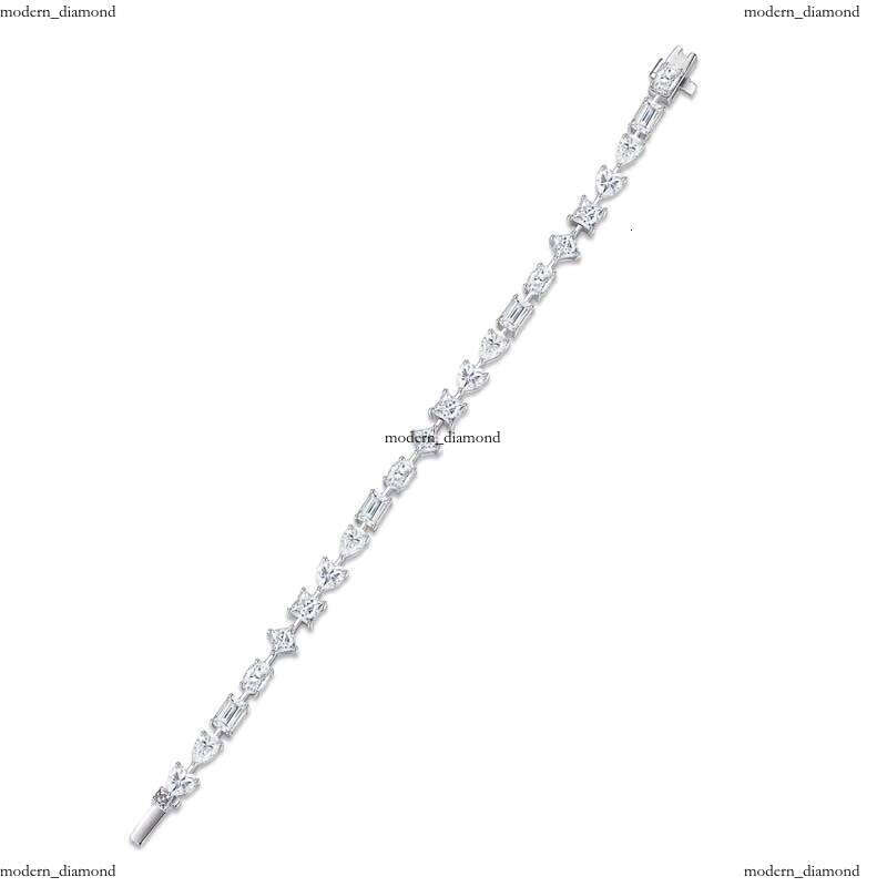 Shiny VVS Moissanite Mixed Cut Tennis Bracelet with Round Princess Baguette Gemstones 925 Silver 18k White Gold Plated Hip Hop Jewelry