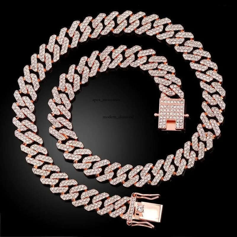 Chains 12MM Rose Gold Color Miami Cuban Link Chain Necklace Bracelet Iced Out Bling Rhinestone Choker Women Men Hip Hop Jewelry cf