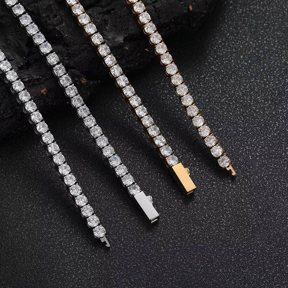 NUOYA Silver Gold Plated Iced Out Diamond Tennis Chain Necklace Waterproof Stainless Steel VVS Moissanite Tennis Chain for Women