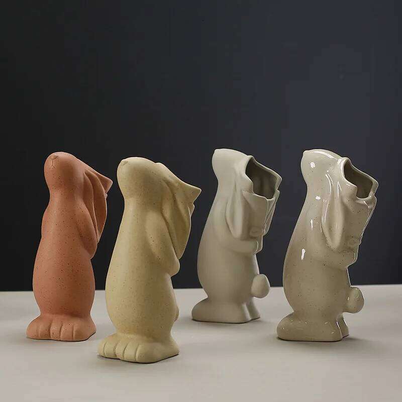 20.3cm Nordic White Ceramic Decoration Dried Vase Foyer Desktop Study Cute Rabbit Ornament Living Room Flower Planter C260116