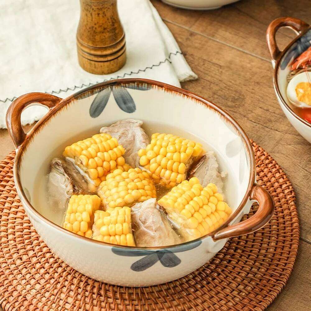 Household Noodle 1500ml Ceramic Soup With Handle Salad Pasta Fruit Bowl Kitchen Tableware Microwave Oven Bakware