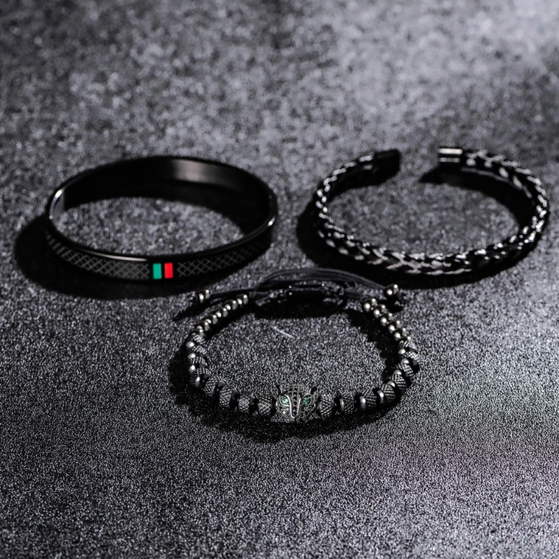 Micro Pave Leopard Head Bracelet Set For Men Stainless Steel Striped Bangle Trendy Versatile Jewelry Gift