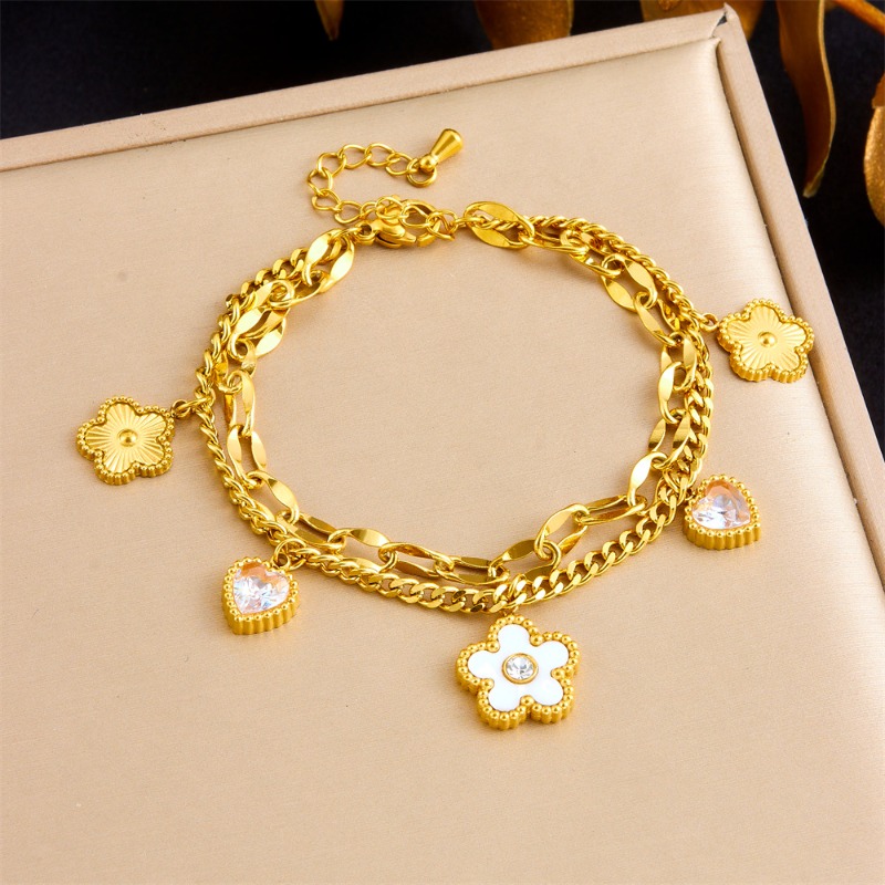 Trendy Minimalist Zircon Heart White Shell Flower Double Layer Stainless Steel Chain Bracelet for Women
