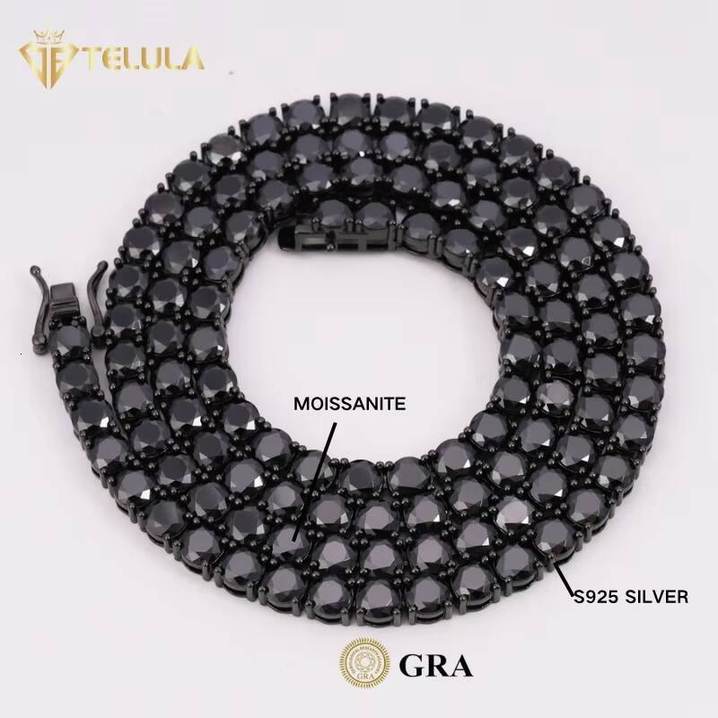 Custom Hip Hop 3 MM Tennis Chain Necklace Black Moissanite Chain VVS D Color Stones 4mm 18K Gold Plated Moissanite Necklace