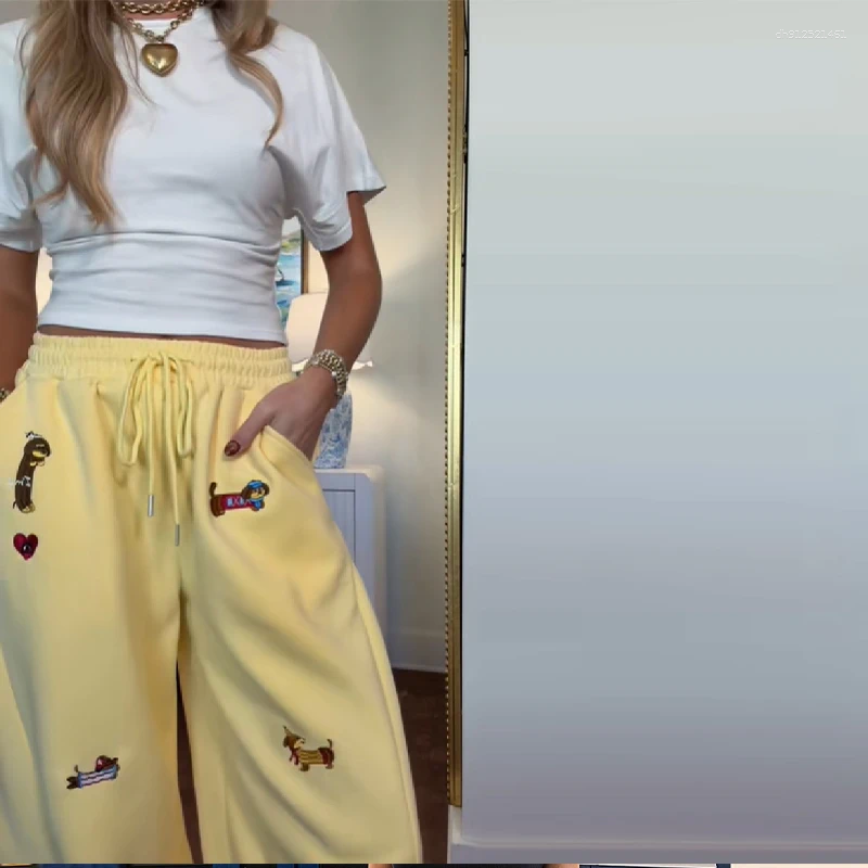 Women's Pants High Street Embroidered Sausage Dog Loose Straight Leg Comfort Sweatpants 2026 Spring Autumn Casual