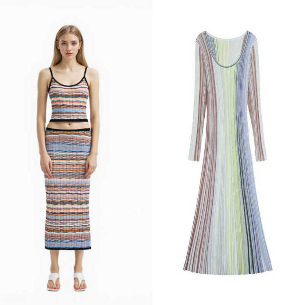 missonii designer slim fit Rainbow multicolor striped dress dresses for woman elegant Ladylike A-line Crewneck Knit Midi Dress