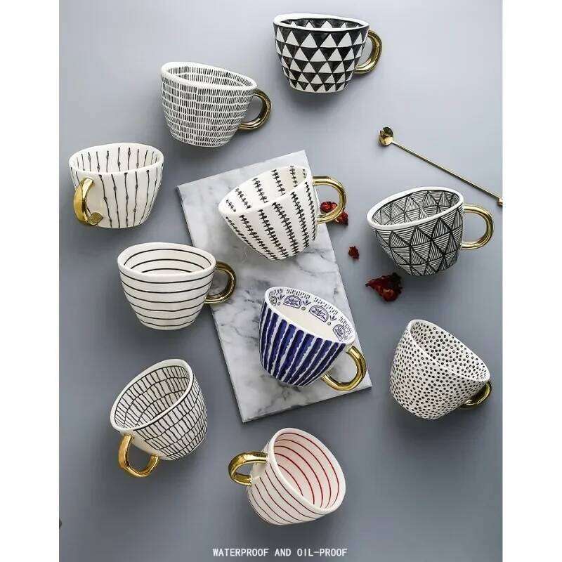 Hand Painted Geometric Ceramic Mugs With Gold Handle Handmade Irregular Cups For Coffee Tea Milk Oatmeal Creative Birthday Gifts