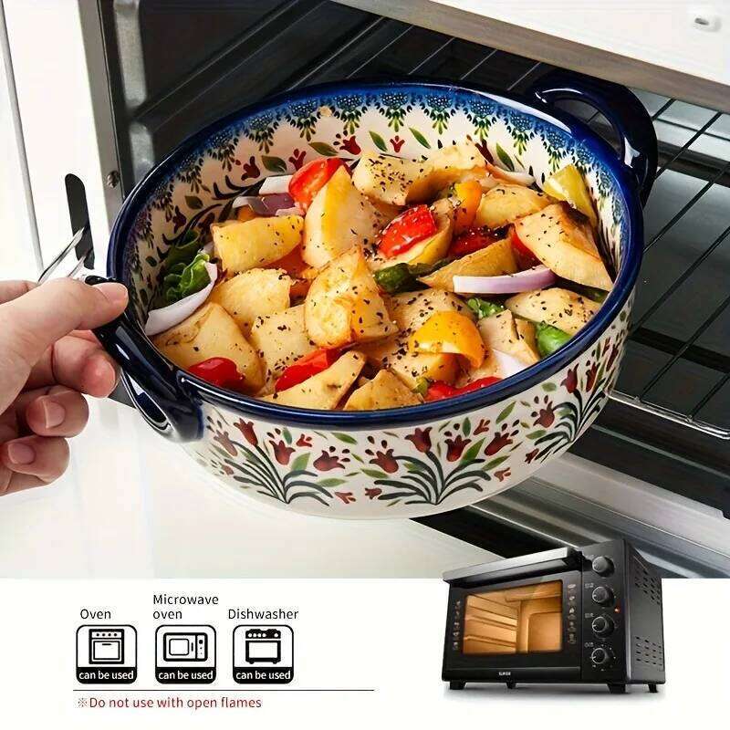 Dining Room Tableware Vintage Style Casserole Dish, All-Season Oven Baking Pan with Handles, Microwave Safe Ceramic Kitchenware for Living Room