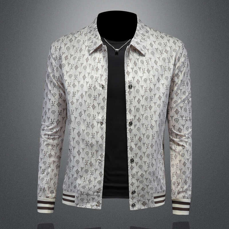 Spring And Autumn Coat European High-End Turn-Down Collar Printed Jacket Trendy Handsome Casual Men's Clothing