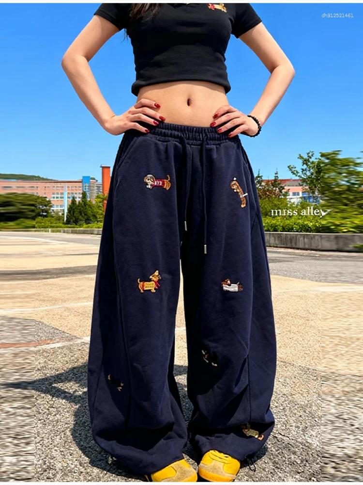 Women's Pants High Street Embroidered Sausage Dog Loose Straight Leg Comfort Sweatpants 2026 Spring Autumn Casual