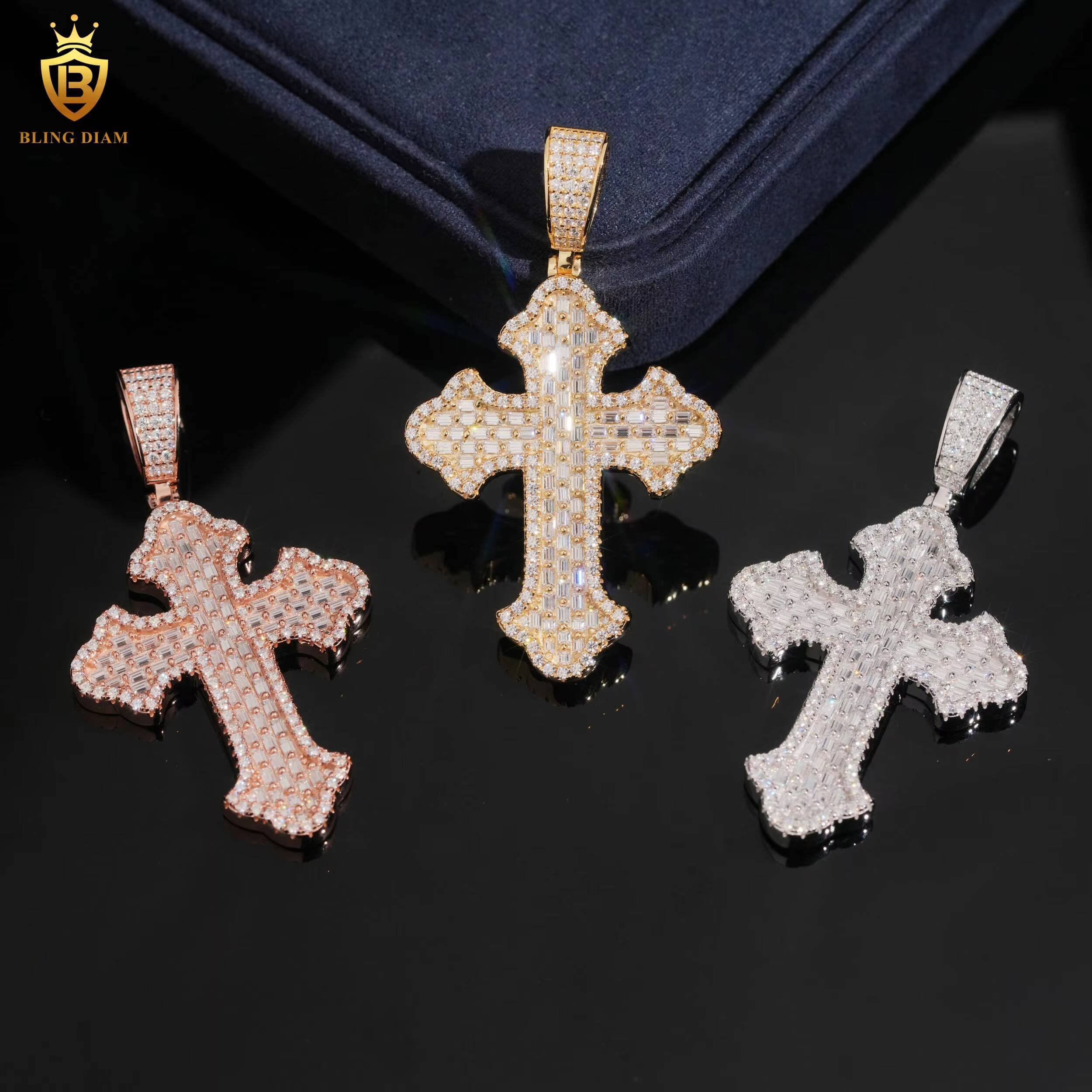 925 Silver Hiphop Cross Pendant Charms Necklace Baguette Cut Moissanite Pendant Pass Diamond Test Fashion Pendants Charms