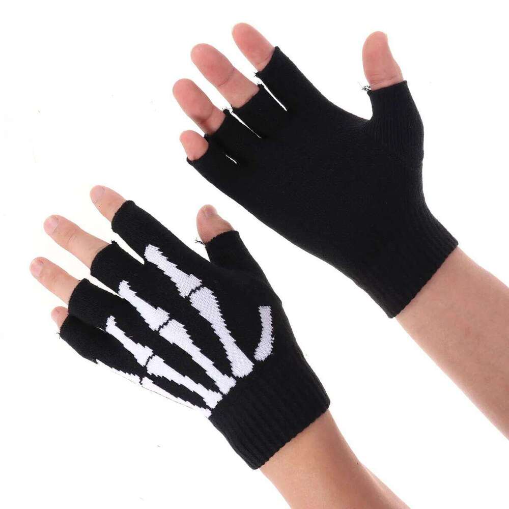 Halloween Hand Bone Cycling Unisex Pattern Knit Gloves Half Finger Glove Y260115