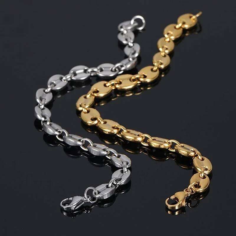 Valentine's Day New Coffee Beans Pig Nose Chain Bracelet Men Stainless Steel Jewelry Polished Strong Real Gold Plated Color 26W0116