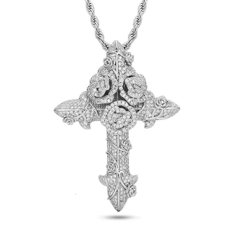 Hot Selling Vintage 18K Pvd Gold Plated Rose Cross 925 Silver Necklace Pendant Faddish Moissanite Charming Necklace
