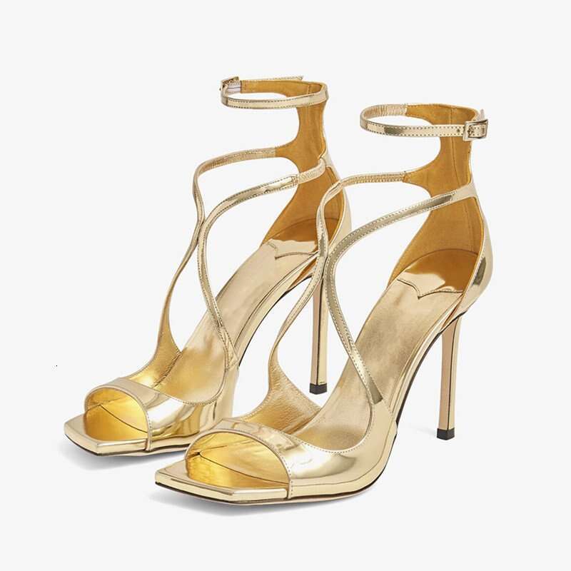 2026 Fashion Patent Leather Peep Toe Women Gladiator Sandals Sexy Narrow Band Ankle Strap Gold Stiletto High Heels Summer Party Shoes