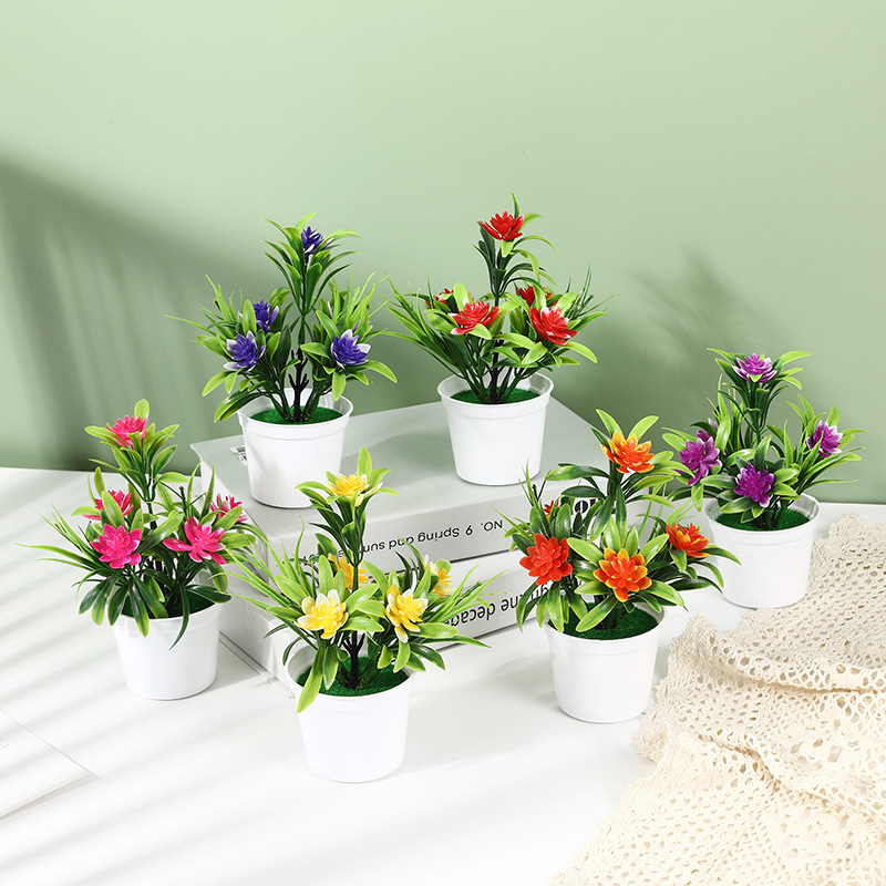 5 Heads Artificial Small Lotus Fake Plants Mini Faux Potted Flowers for Home Decor Indoor Office Table Room Farmhouse Bathroom Kitchen Office Desk Decorations