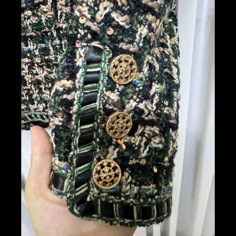 French Vintage Small Fragrance Jacket Women Spring Autumn High Quality Casual Loose Dark Green Tweed Long Sleeve Coat DREAM RECALL - view 6