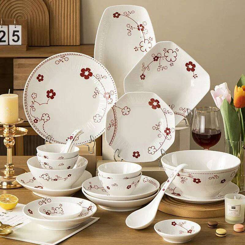 Ceramic Tableware Kitchenware Sets, Chinese Style Porcelain Dinner Plates, Soup Bowls, Cup Saucers for Dining Room, Living Room Household Decor