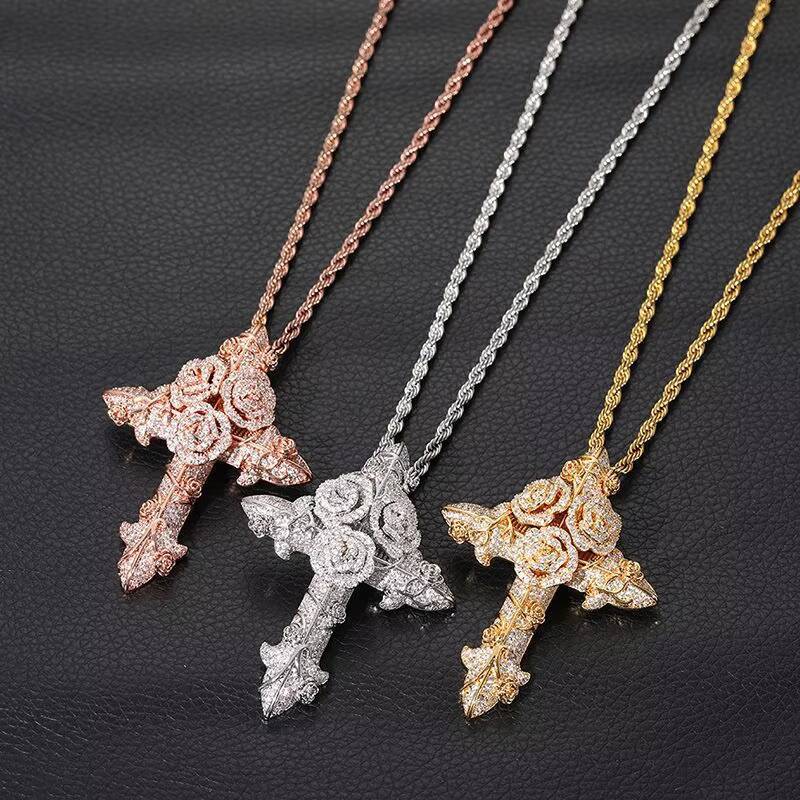 Hot Selling Vintage 18K Pvd Gold Plated Rose Cross 925 Silver Necklace Pendant Faddish Moissanite Charming Necklace