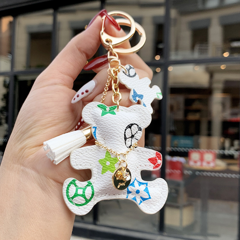2026 Cute Cat and Bear Keychain PU Leather Colorful Pattern Tassel Rhinestone Pendant Bag Car Decor