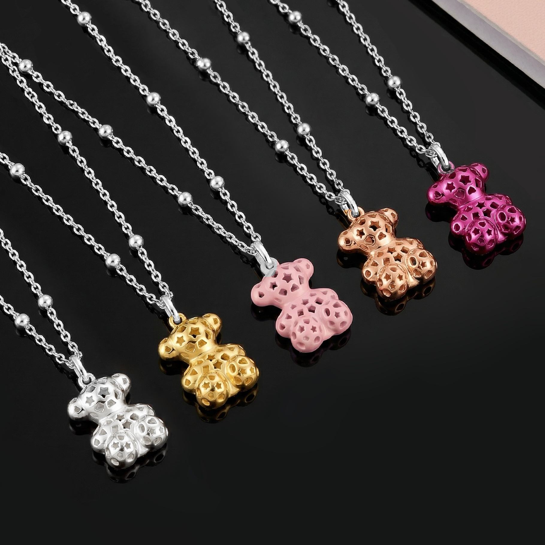 New Fashion Women Men Silver Gold Stainless Steel Span Bear Round Cartoon Animal Pink Purple Hollow Oil Bead Pendant Necklace Jewelry