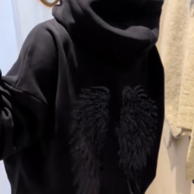 Women Fashion Sequin Angel Wings Printed Hoodies Casual Long Sleeved Hooded Solid Color Tops High Street Y2k Outwear 260116