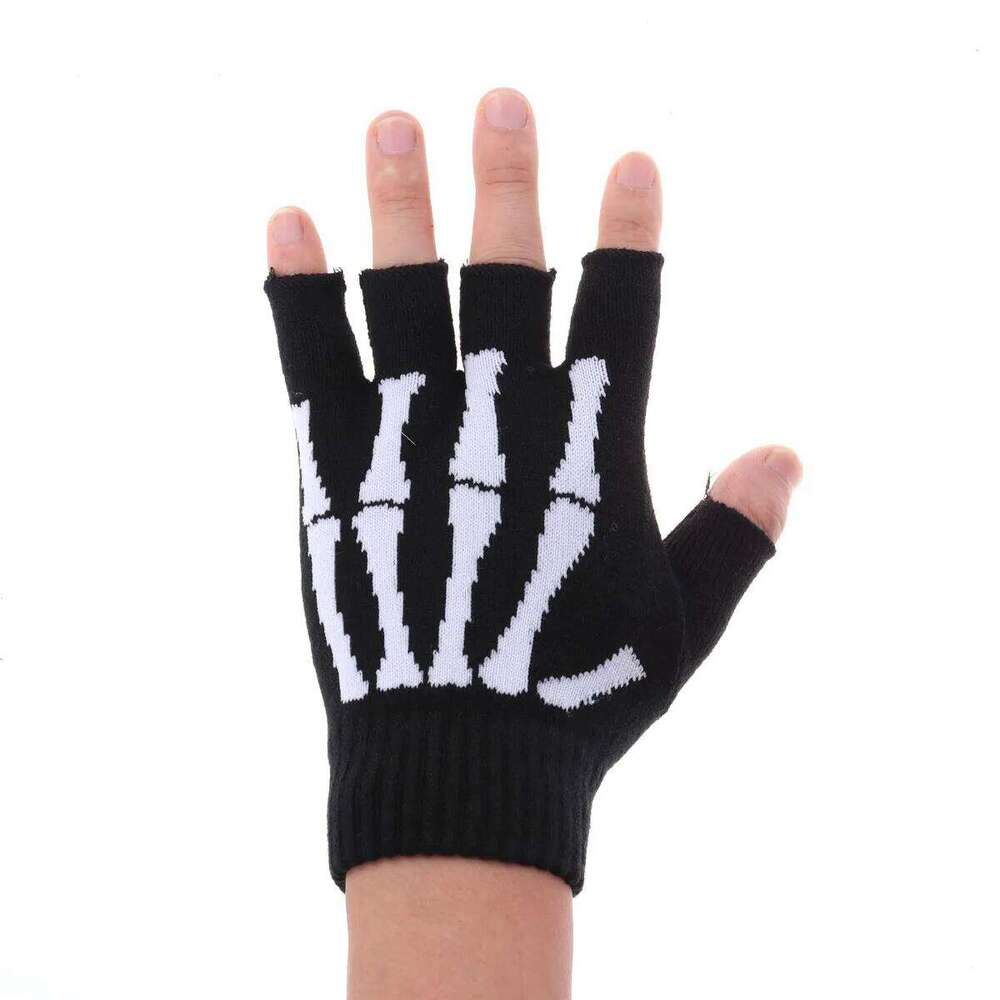 Halloween Hand Bone Cycling Unisex Pattern Knit Gloves Half Finger Glove Y260115