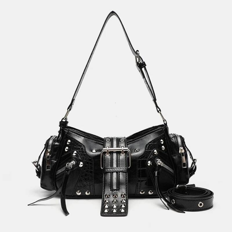 Bestseller Women's Y2k Punk Vintage Shoulder Purse PU Leather Gothic Rivet Handbag Waist Bag Luxury Black Cross Body Bags with Spikes ddmybear