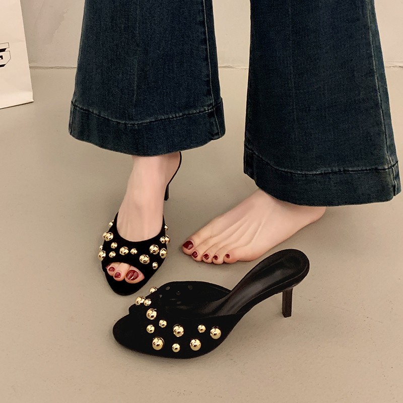 2026 Studded Single Strap Stiletto Slides, Luxury Summer Heeled Sandals for Women, Versatile Outdoor Dressy Thongs