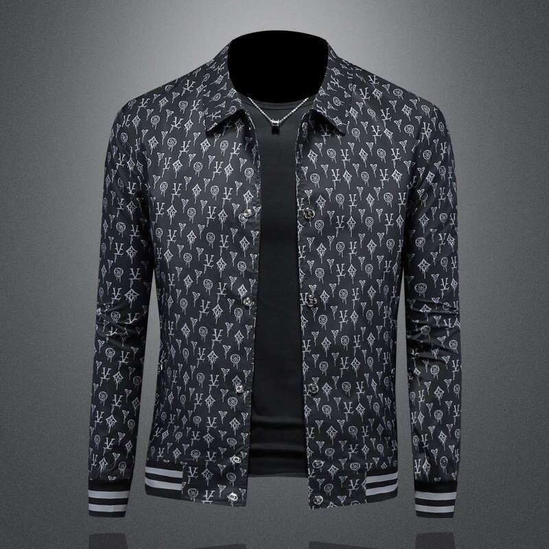 Spring And Autumn Coat European High-End Turn-Down Collar Printed Jacket Trendy Handsome Casual Men's Clothing