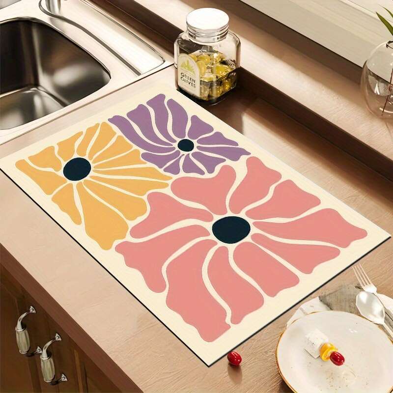 Abstract Floral Art Absorbent Drain Pad Mats Dish Drying Mat Anti-slip Tableware Placemat Kitchen Supplies Decoration