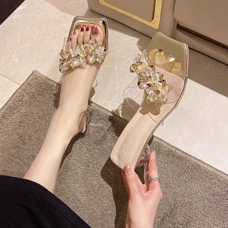 Bright Silver Summer Transparent Crystal Half Trailer High Heel Sandals with Thick Heels and Large Sized Outwear Fashion Sandals 240528
