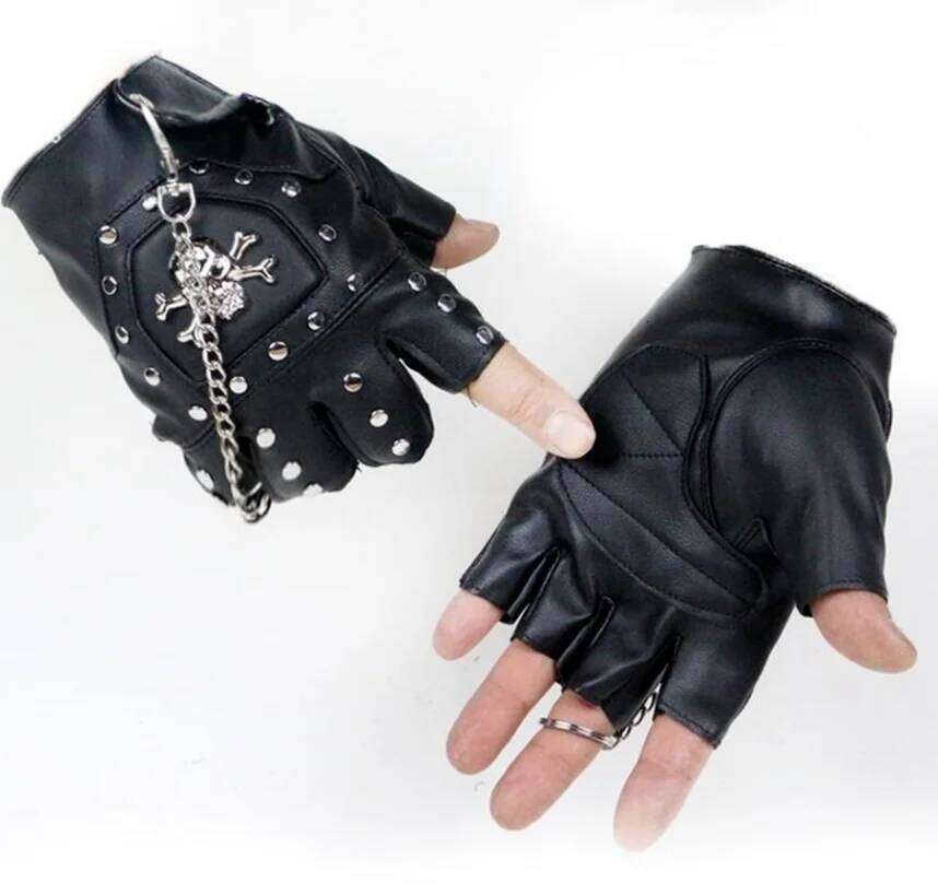 Punk Gothic Leather Pair Fingerless Biker Sports Mountain Gloves With Cranium Studded For Men Y260115